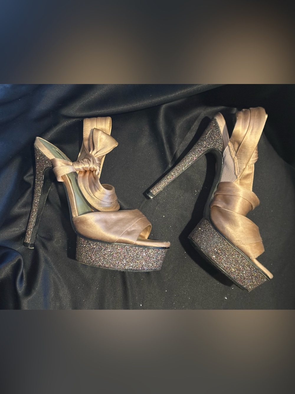H by Halston Metallic Champagne BlushSatin Platform Heels with Glitter Platforms